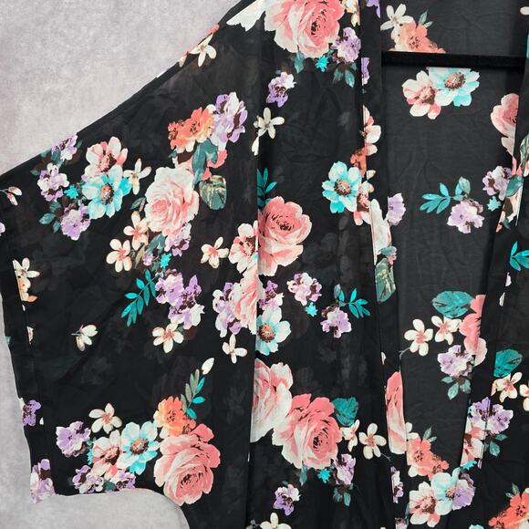 Xhilaration Black Floral Sheer Boho Flowy Beach Swim Cover Up Duster Kimono L/XL - Picture 4 of 7